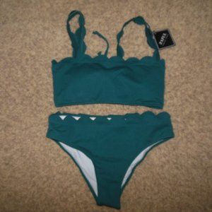 NWT Zaful Medium Jade Green Bikini Scalloped Edges Pad Bra Ties In Back